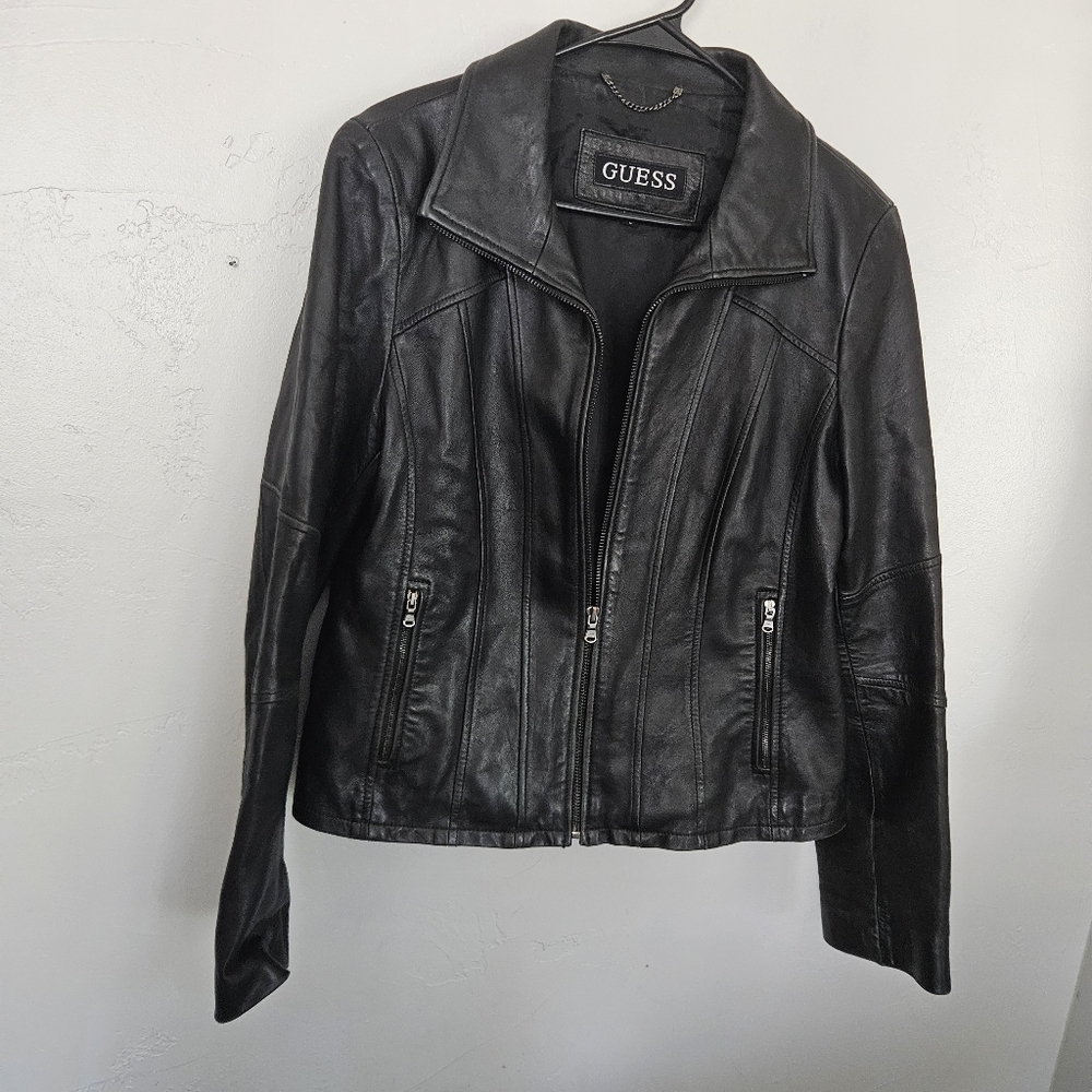 Guess Vintage Women's Large Black Leather Jacket Full Zip Coat Y2K Date Night